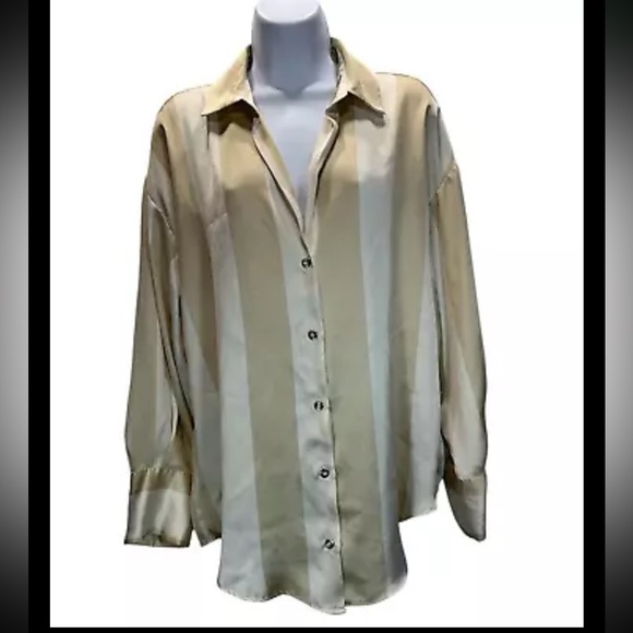ZARA WOMEN SATIN OVERSIZE V-NECK LONG SLEEVE SAND BEIGE SIZE MEDIUM - Picture 1 of 8